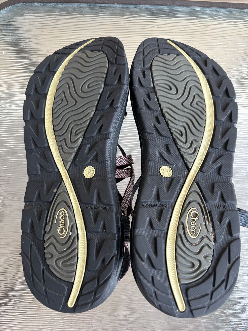 Chaco Women's Black Footbed Sandals with Taupe-Patterned Straps - Picture 6 of 7